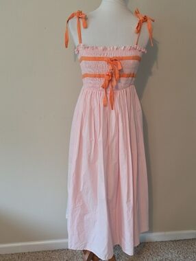 Mable Pink Strap Tie Sundress with Orange Trim